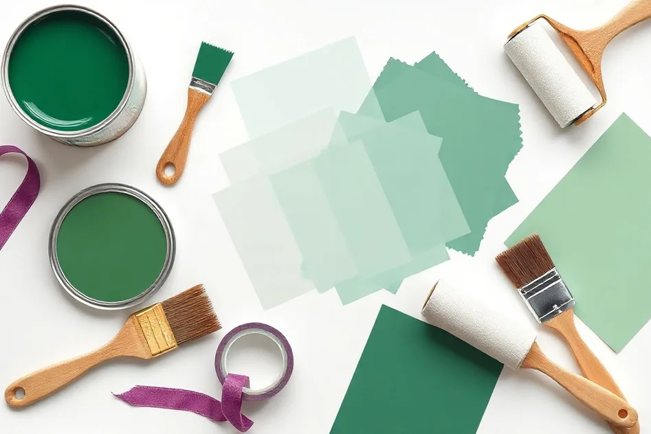 Pots de peinture, nuancier, brosses et rouleaux disposés à plat