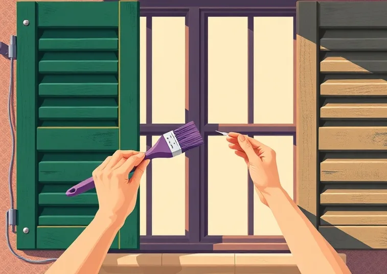 Mise en peinture au pinceau de volets et d'encadrements en bois