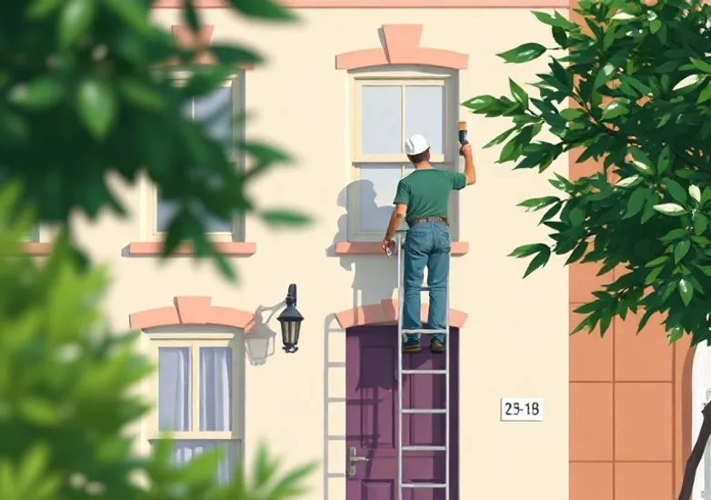 Peintre sur échafaudage traitant la façade d'une maison