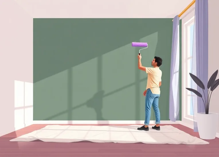 Peintre appliquant la peinture au rouleau sur un mur de salon